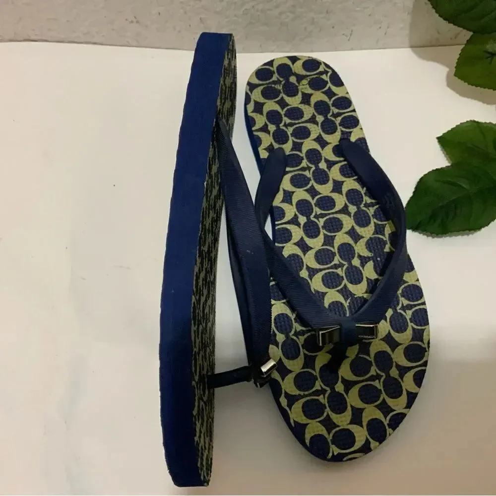 Coach Amel Blue and Tan Rubber Signature C Flip Flop Sandals Silver Bow Size 7-8